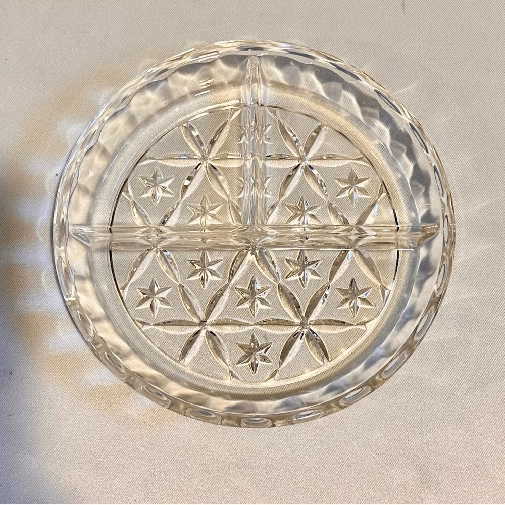 Vintage Depression Glass Clear Pressed Glass Starburst Divided Serving Dish-6”D
